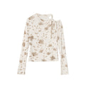 Vintage fashion slanted shoulder lace-up floral long-sleeved base shirt