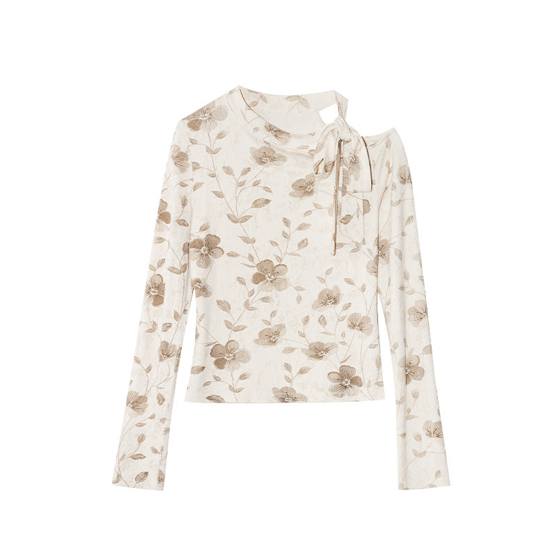 Vintage fashion slanted shoulder lace-up floral long-sleeved base shirt
