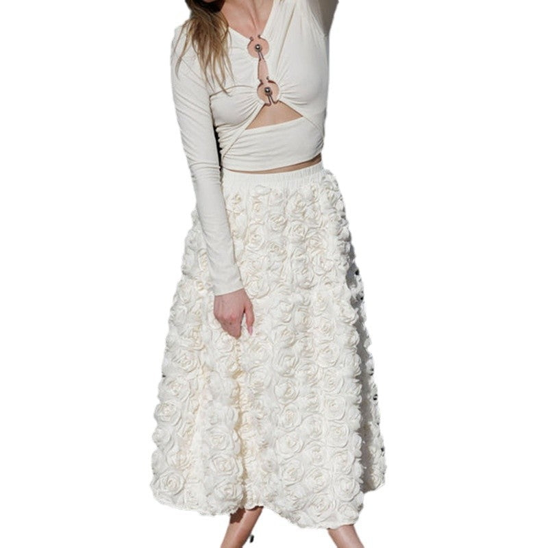 Medium and long fluffy fairy A-shaped skirt French elegant three-dimensional rose flower skirt girl