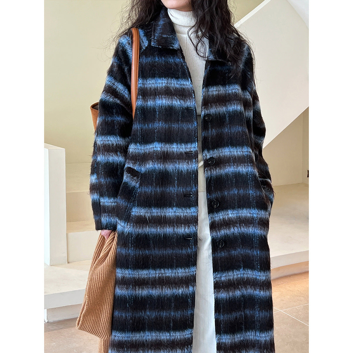 Fall and winterk-style 30% wool woolenoutwear women's medium longthickened over-the-knee quilted plaid coat