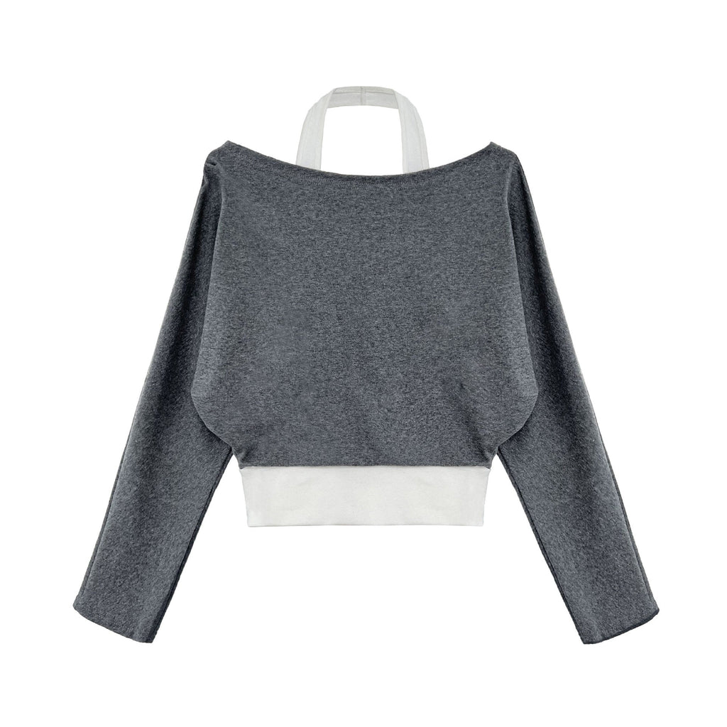 Korean style patchwork mock two-piece halter neck long sleeve t-shirt - women's autumn new design, elegant off-shoulder top