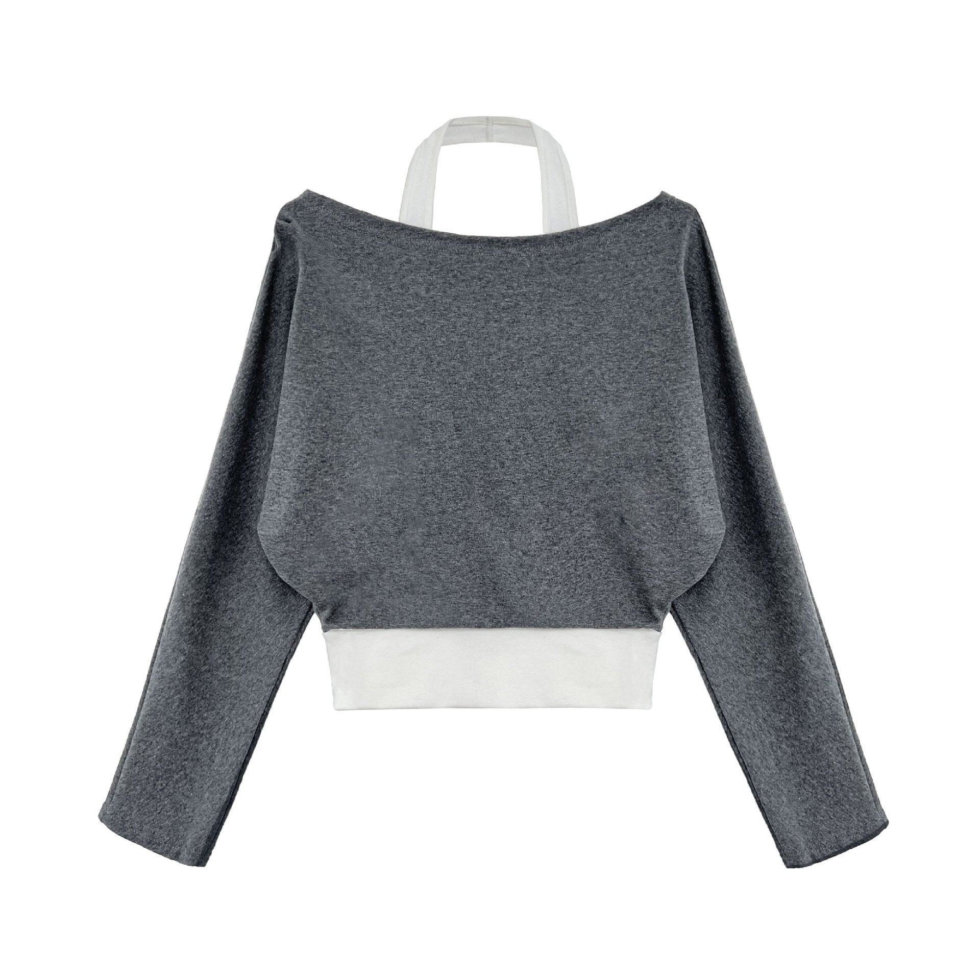 Korean style patchwork mock two-piece halter neck long sleeve t-shirt - women's autumn new design, elegant off-shoulder top