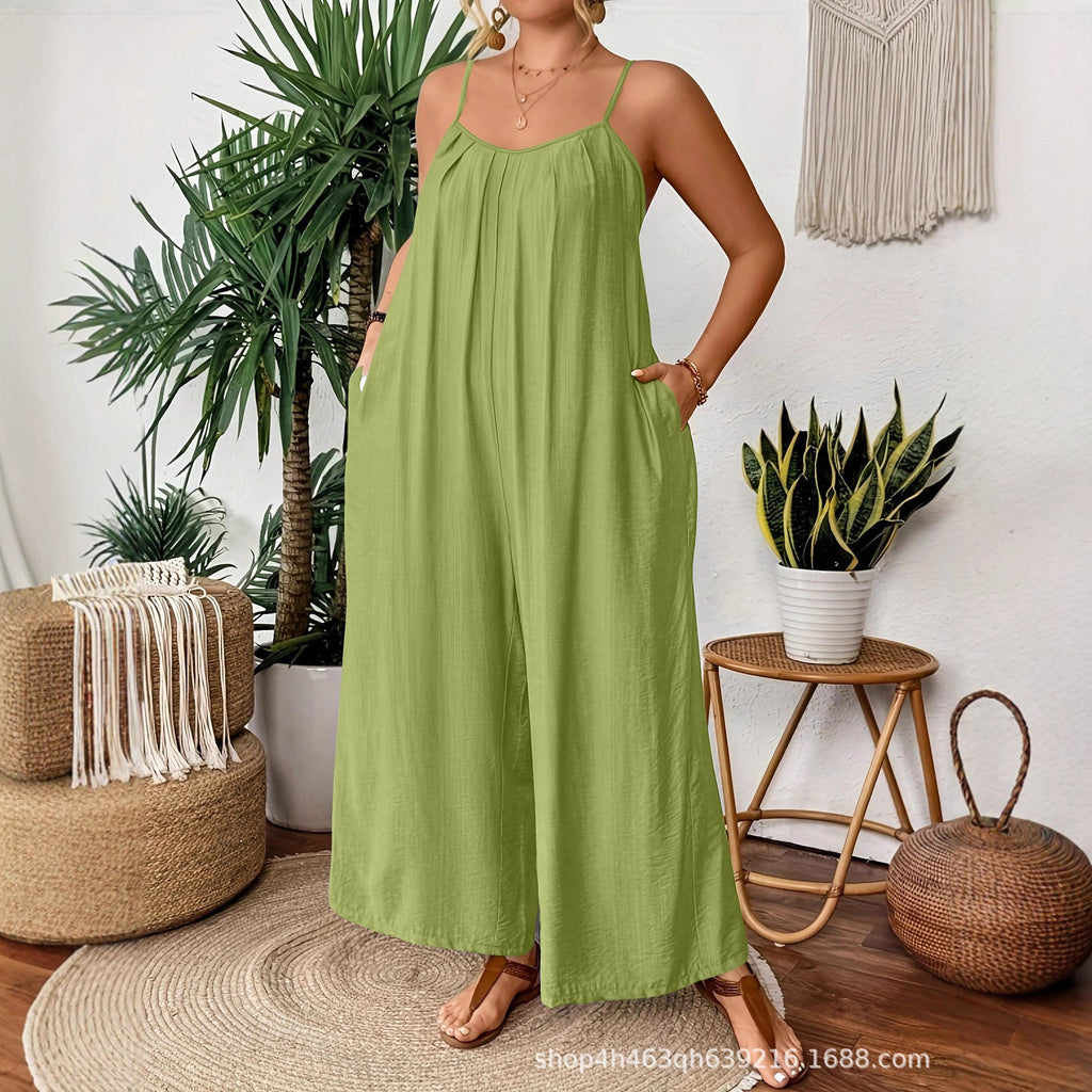 New large size solid color pocket temperament casual suspender wide leg jumpsuit