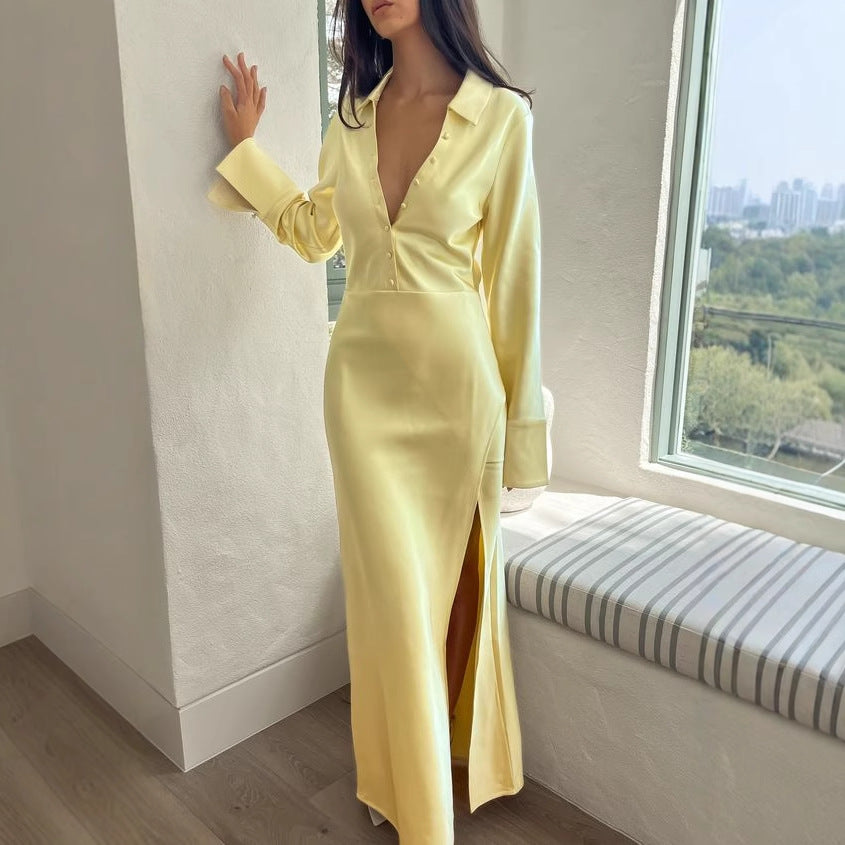 Fashion Vacation Style Long Sleeve Shirt Split Skirt Sexy Satin Dress