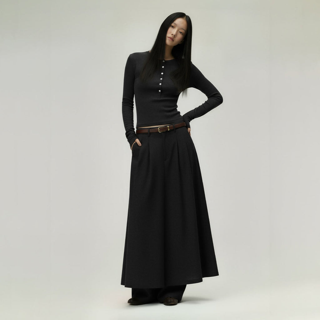 Henley Collar Slim Top Women Round Neck Long Sleeve Fitted T-Shirt