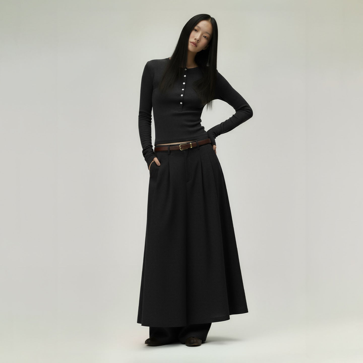 Henley Collar Slim Top Women Round Neck Long Sleeve Fitted T-Shirt