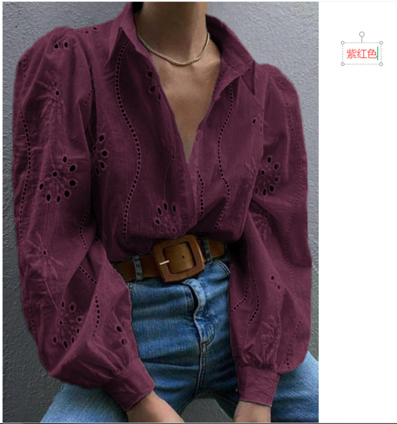 Lapel Long Sleeve Cardigan Women Regular Fit Puff Sleeve Hollow Blouse