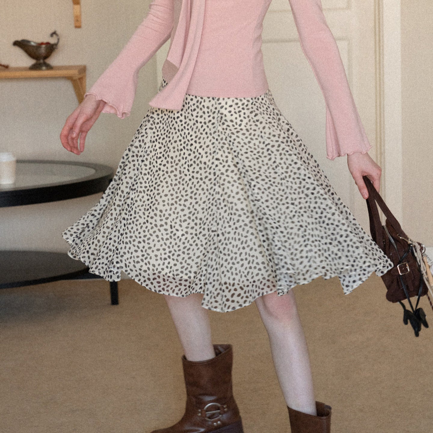 French ruffle leaf drape elegant polka dot skirt