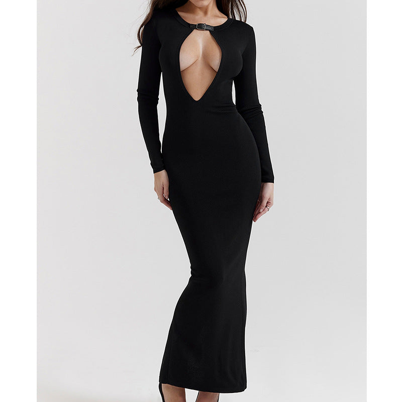 Black long-sleeved knitted dress for women's autumn and winter slim-fitting and thin temperament hip-wrapped long dress waist
