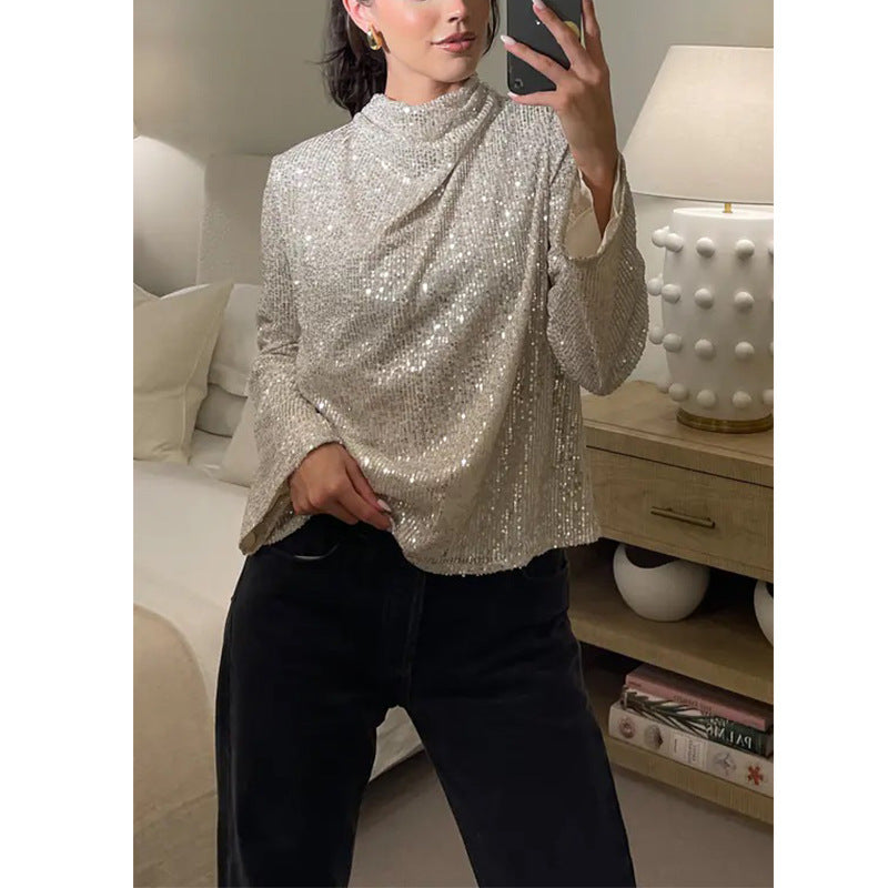 New silver long-sleeved bead long-sleeved shirt fashion round neck sequined shirt top women
