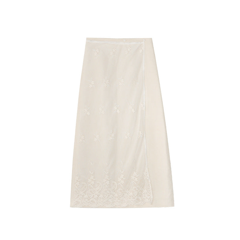 Heavy industry embroidery mesh stitching high waist skirt