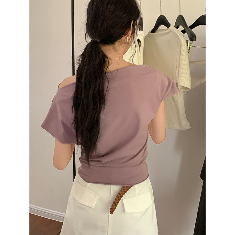Slant shoulder three-dimensional pull-out pleated slim-fit design short-sleeved T-shirt women