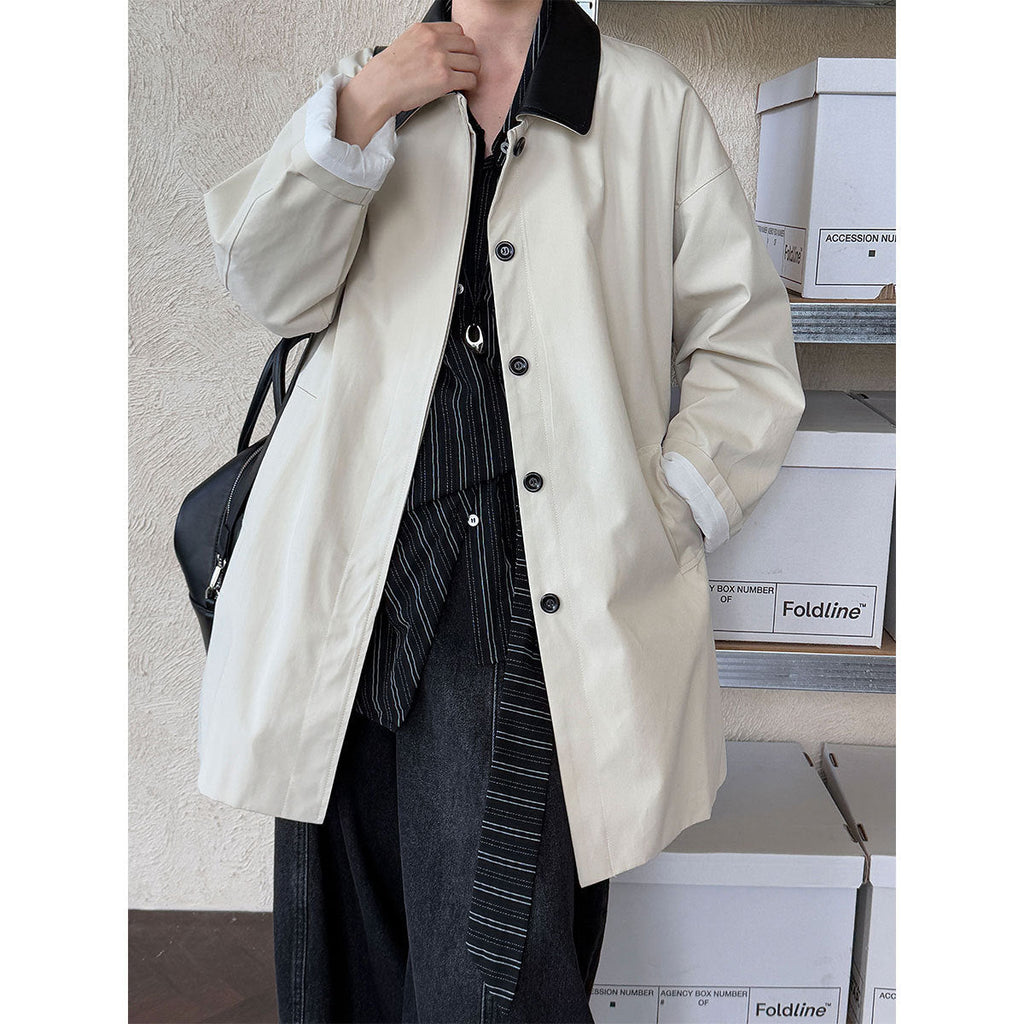 Korean silhouette medium and long contrasting color retro high-end coat autumn casual trench coat
