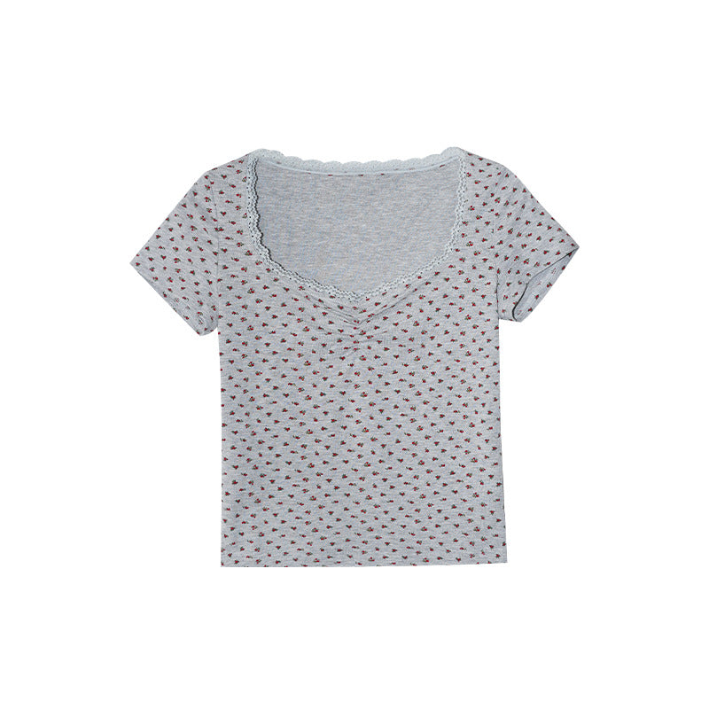 Sweet little woman floral square neck shirt short sleeve T-shirt