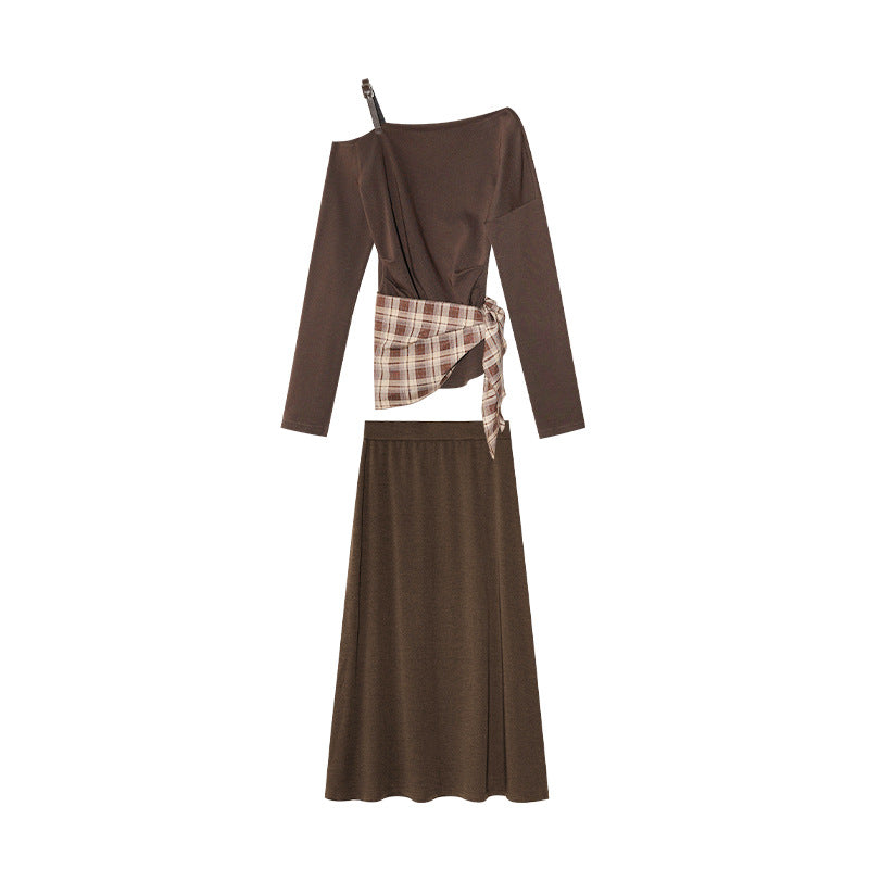 Temperament French careful machine diagonal neck off-the-shoulder top skirt set