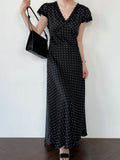 French V-neck lace splicing dress women's summer new polka dot temperament waist and thin dress