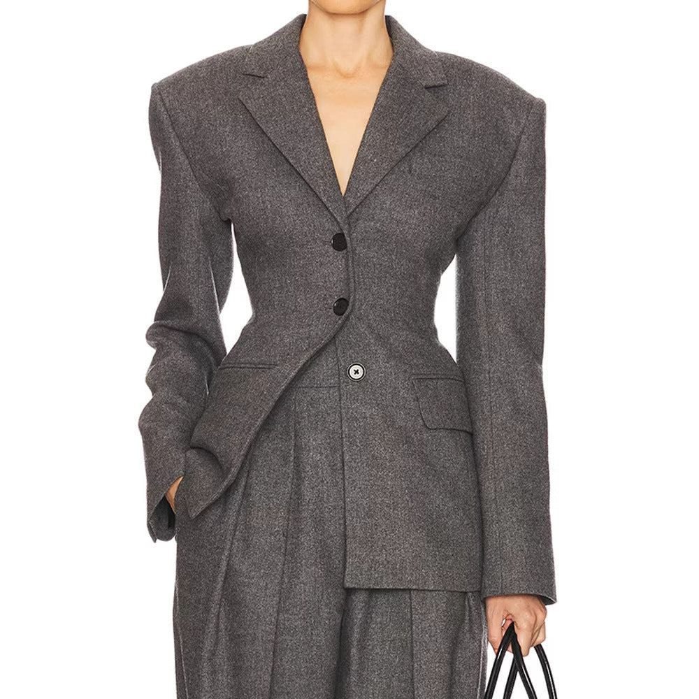 Wool Blazer Women Slim Fit Suit Collar Three-Button Mid-Length Jacket