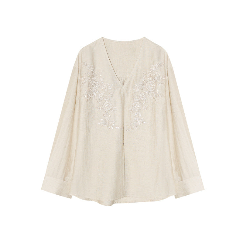 old money retro cotton and linen split ends, straps embroidered v-neck shirt