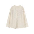 old money retro cotton and linen split ends, straps embroidered v-neck shirt