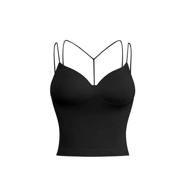 Off-Shoulder T-Shirt Women Sleeveless Round Neck Chest Pad Top