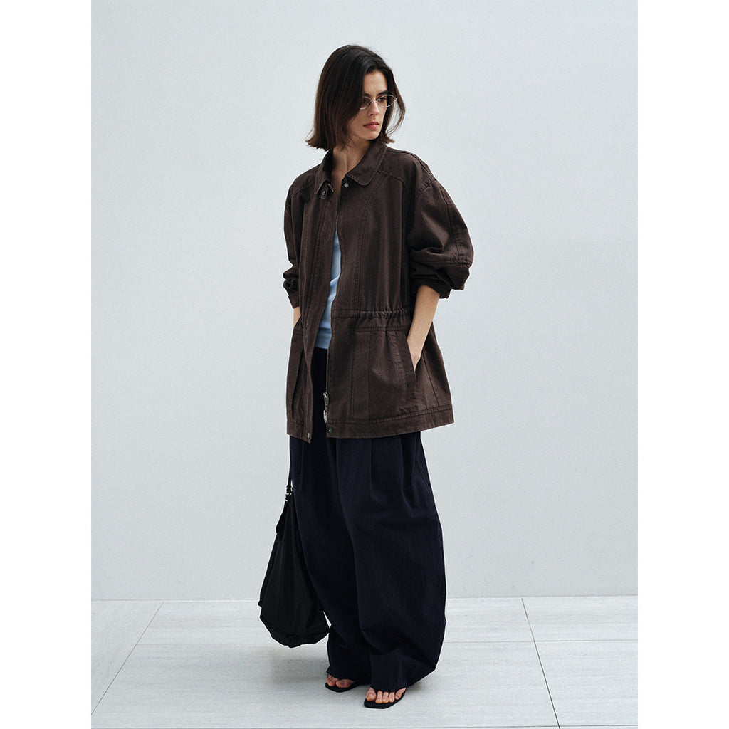 Spring skin-friendly and breathable Tencel cotton stand-up collar over-silho cargo jacket