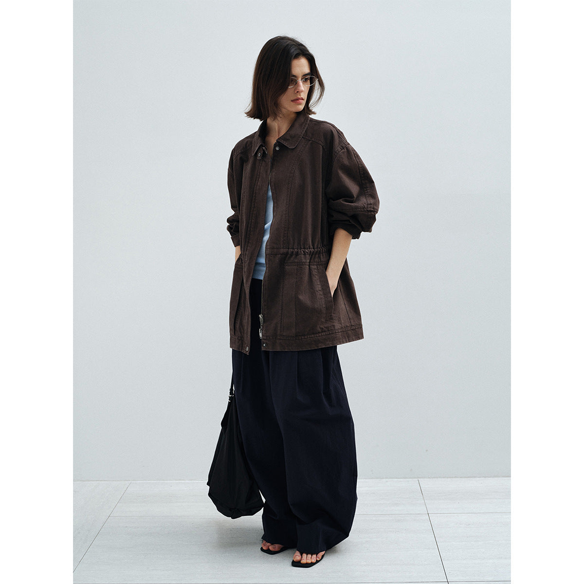 Spring skin-friendly and breathable Tencel cotton stand-up collar over-silho cargo jacket