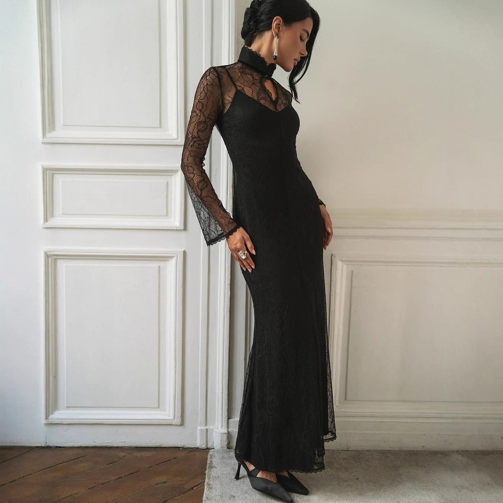 Stylish and sexy lace stitching autumn and winter long dress slim-fitting hollow dress