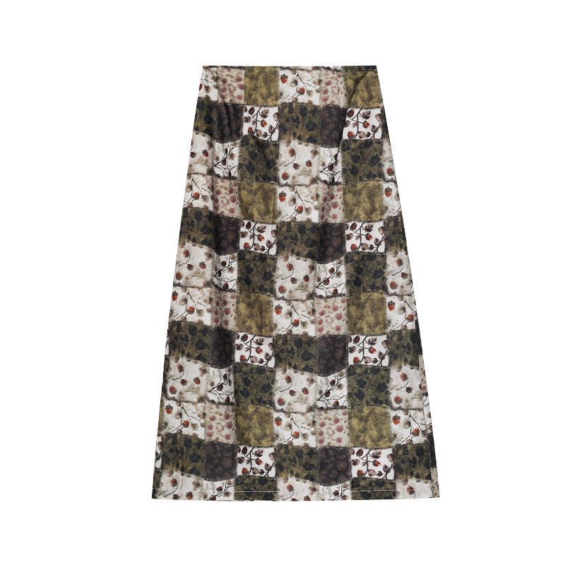 Chunxin Chinese-style retro and old temperament plaid A-shaped long skirt