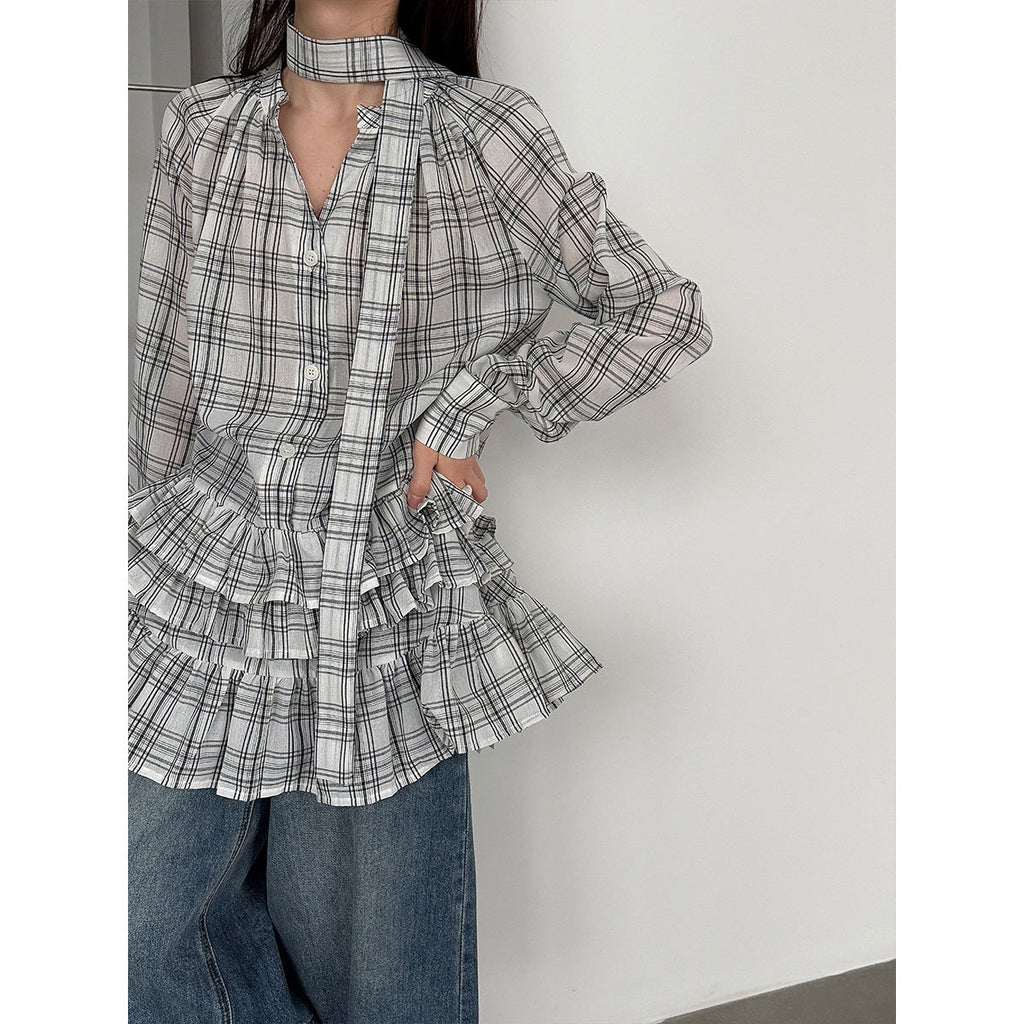 Korean plaid ruffle V-neck lace-up shirt for women's 26 spring niche design stacked dress
