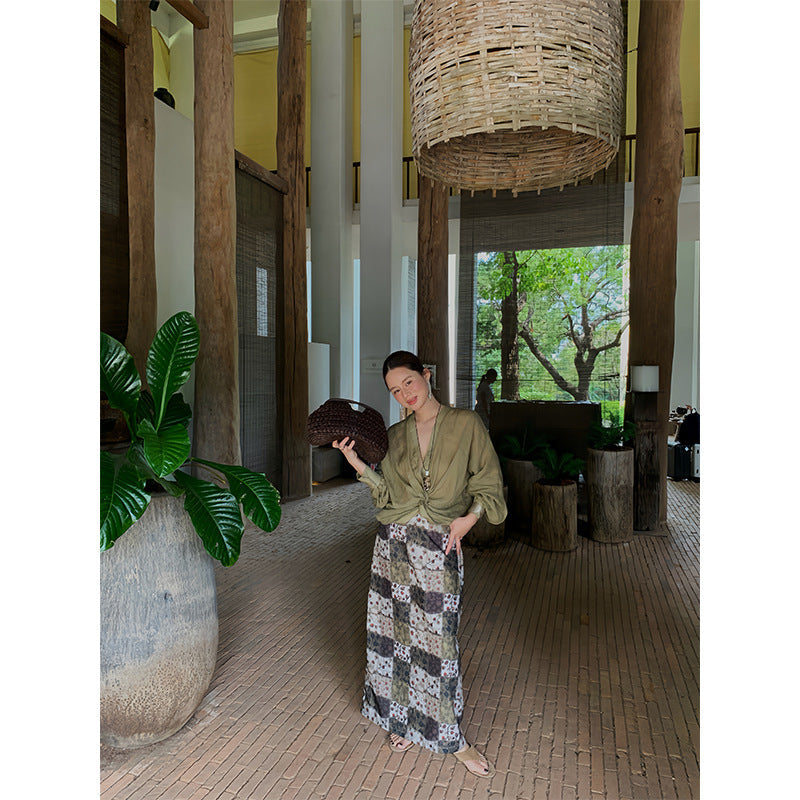 Chunxin Chinese-style retro and old temperament plaid A-shaped long skirt