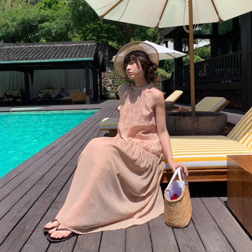 Women's Halter Neck Mesh Jacquard Sleeveless A-Line Maxi Dress