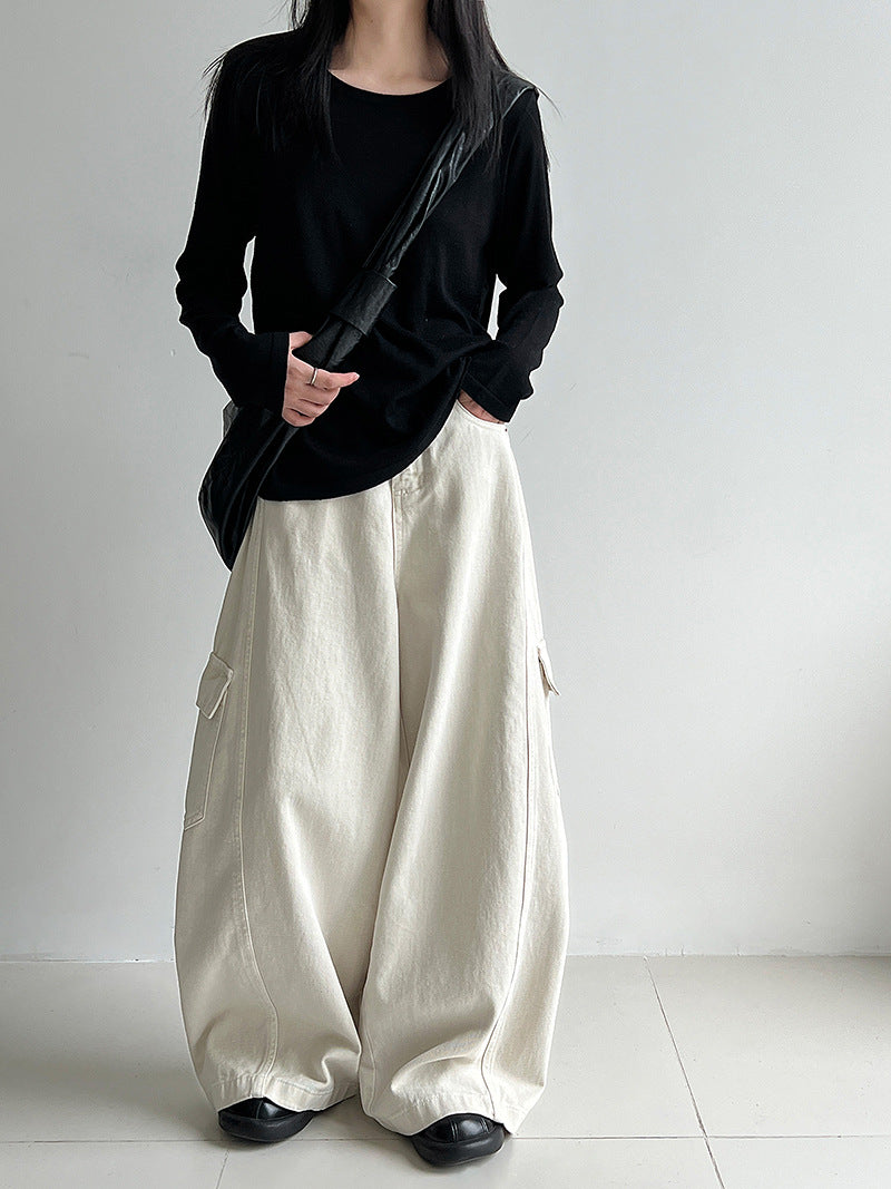 Korean retro big pocket tooling wide-leg pants