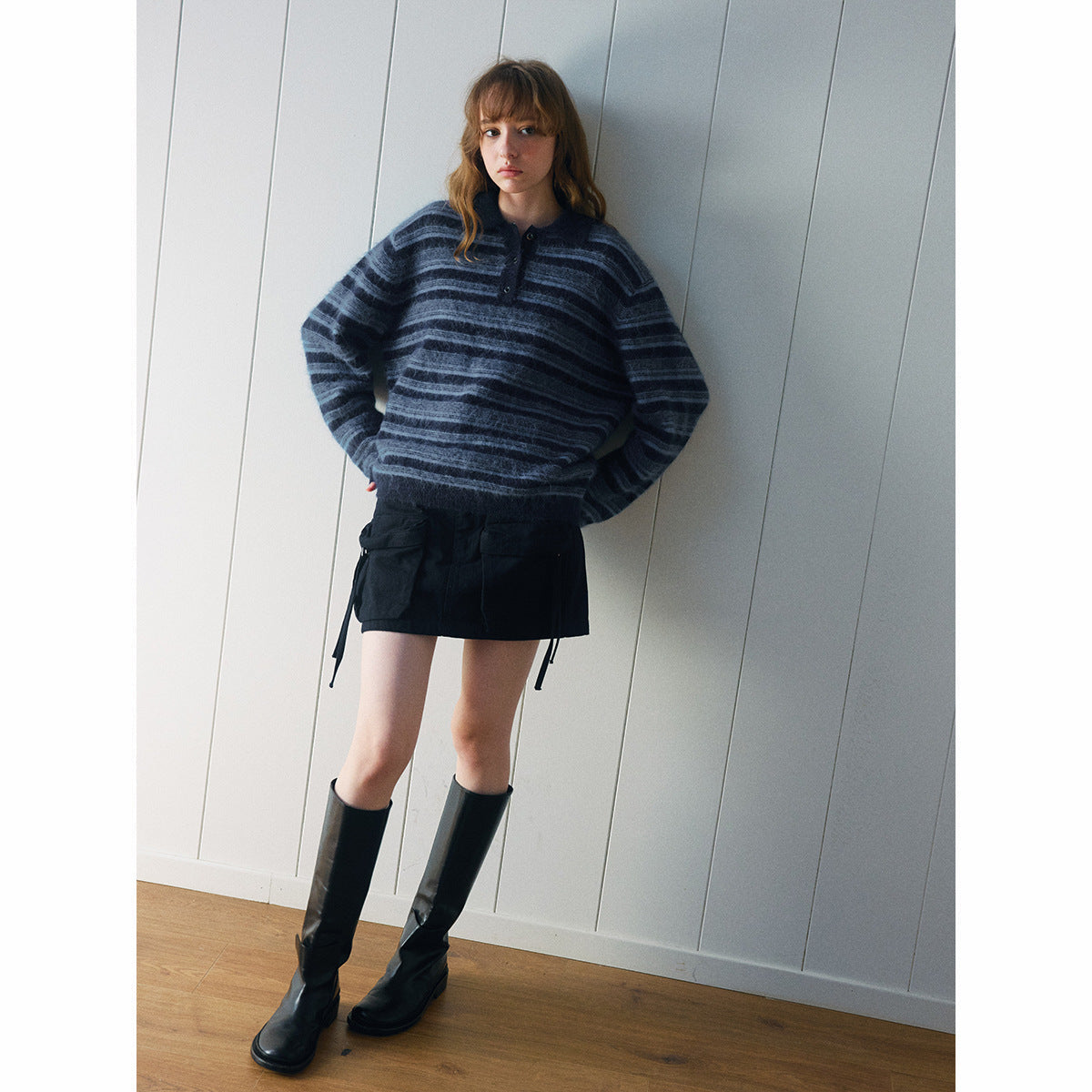 Autumn new casual polo collar high proportion alpaca hair versatile contrasting striped sweater