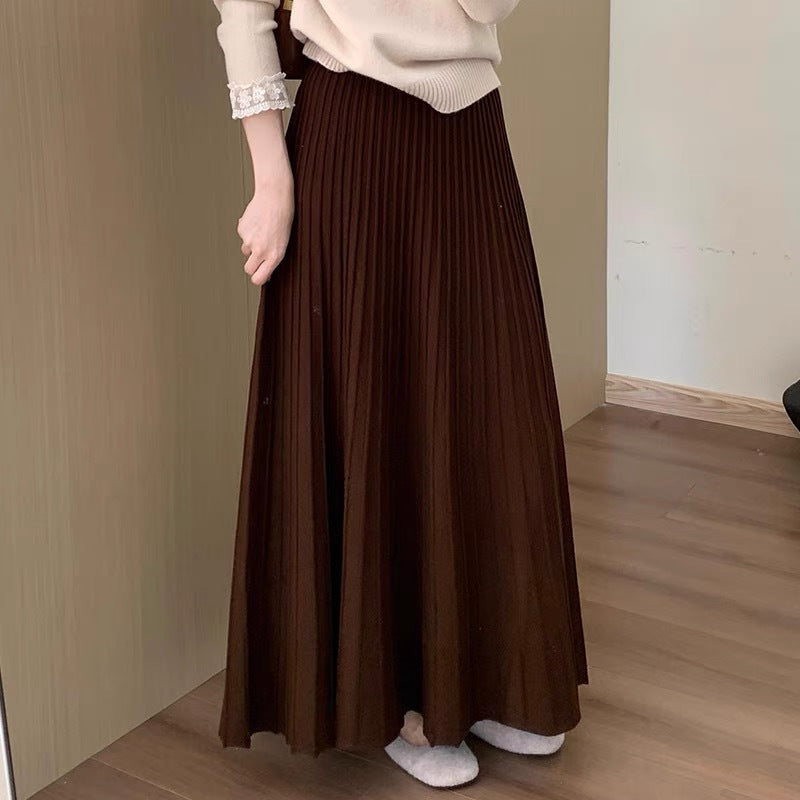 High waist and thin medium and long thickened pleated knitted skirt
