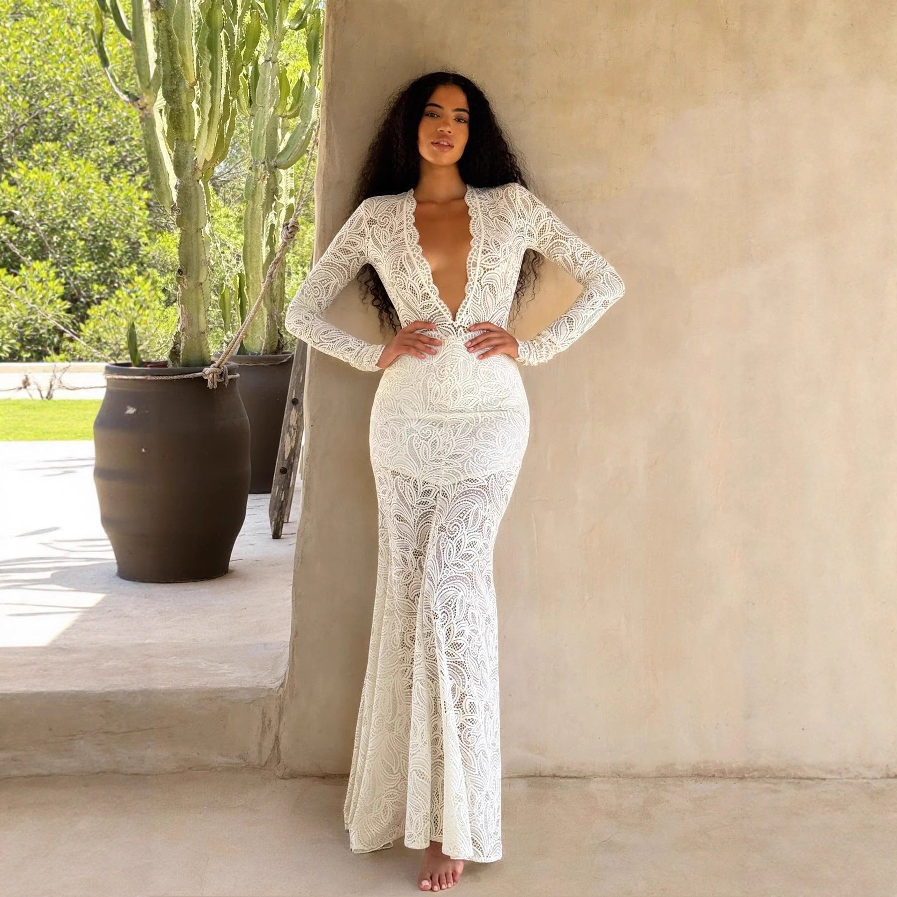 Sexy lace onesie skirt slim-fitting long skirt two-piece set hollow vacation style suit