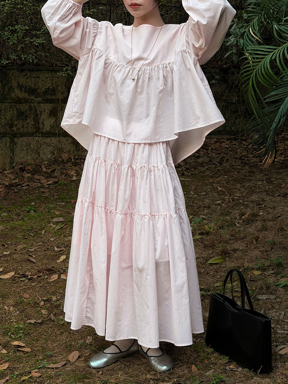 Sweet doll shirt + big swing skirt set Spring new pleated skirt two-piece set