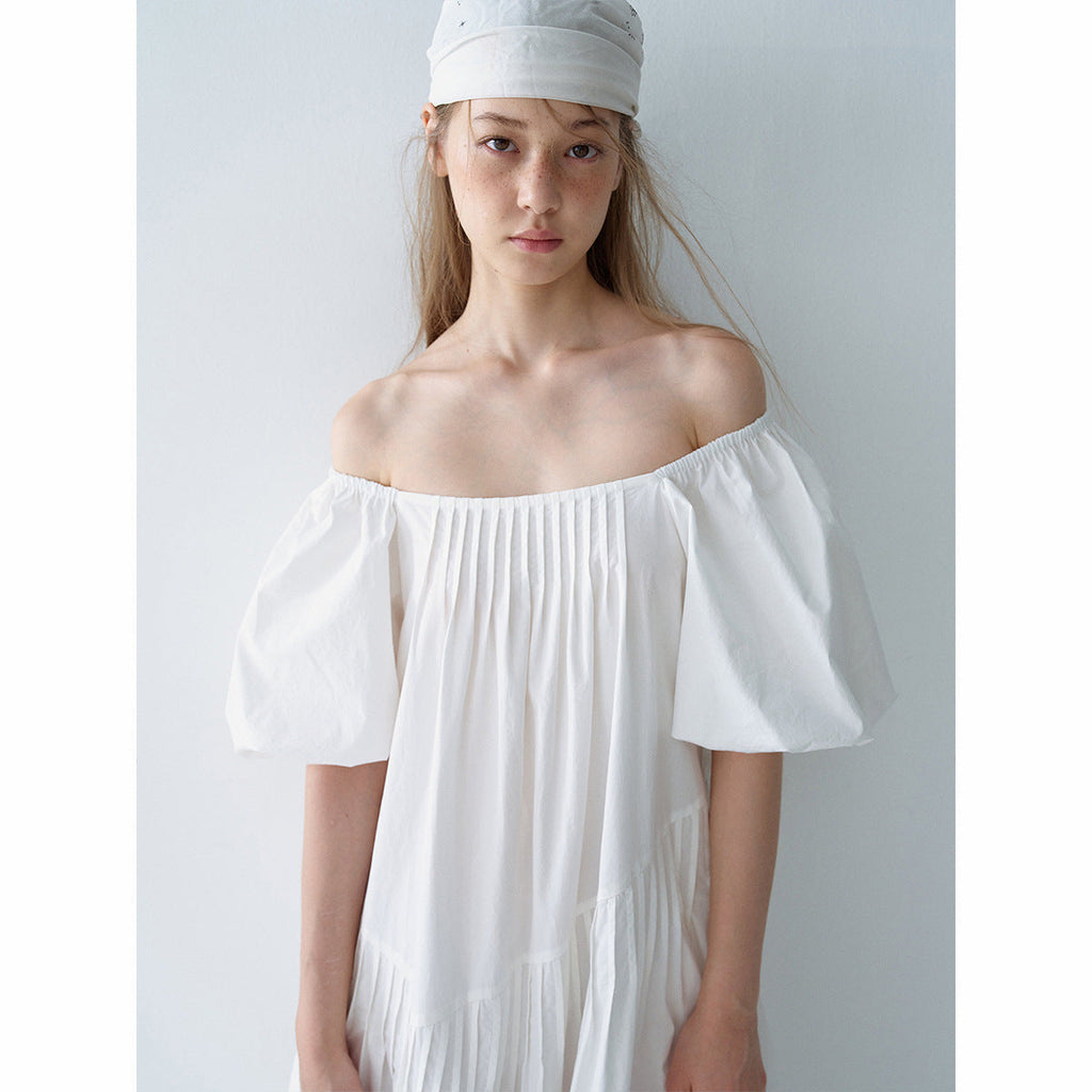Summer new casual square collar cotton long loose tucker pleated long proportion dress