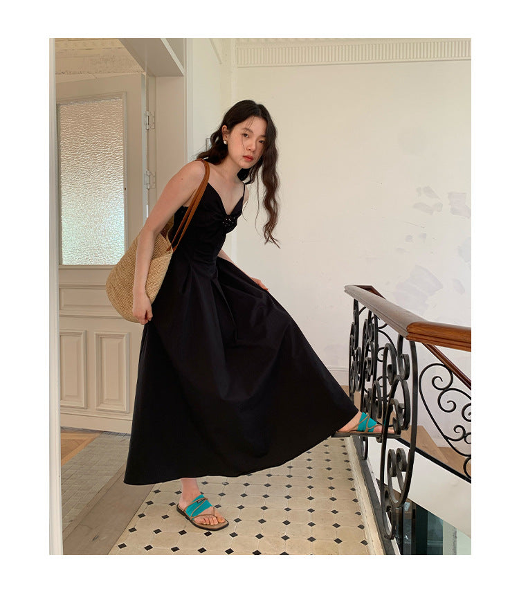 Hepburn Skinny French Dress V-Neck Suspender Waist Long Dress