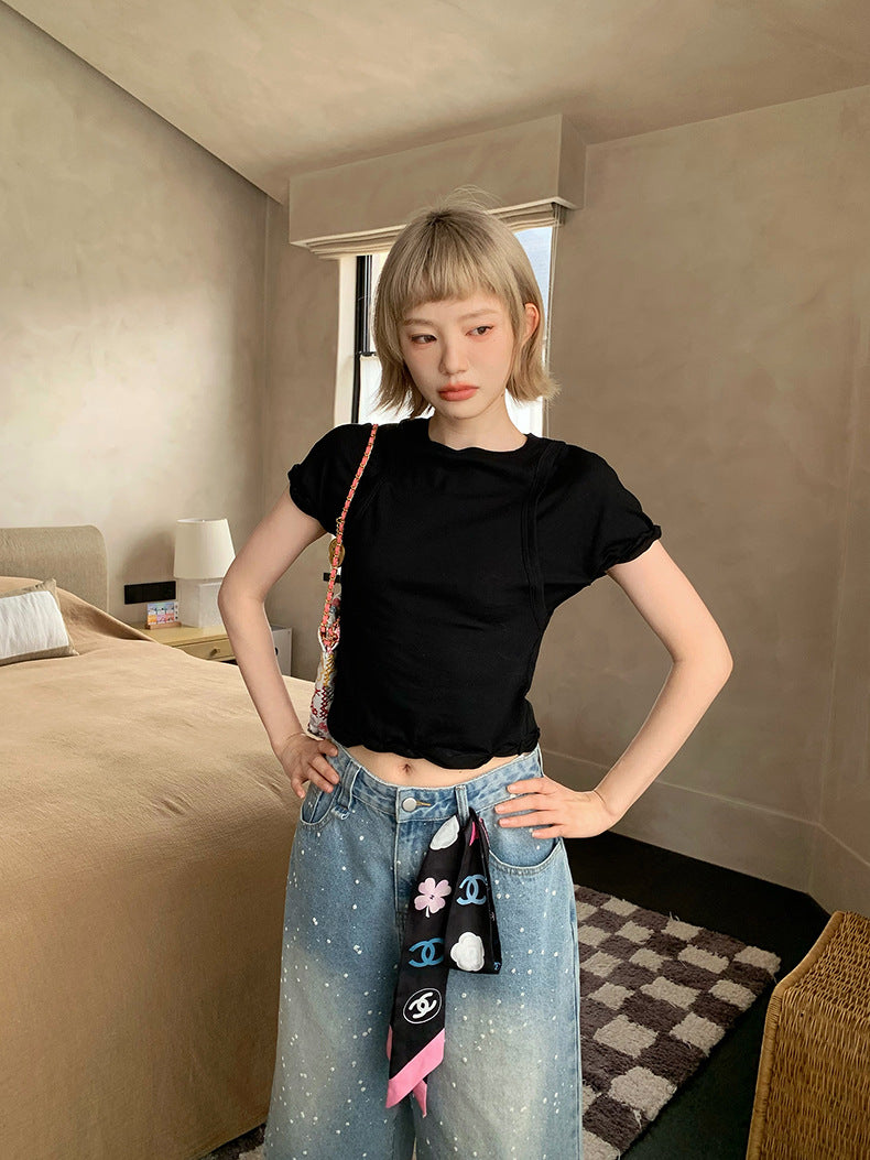 Slim and thin summer design sense niche fake two T-shirts