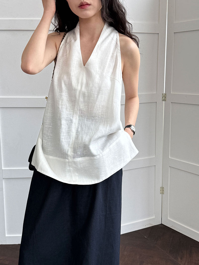French linen V-neck neck vest women's summer new holiday style suspender top shirt T-shirt