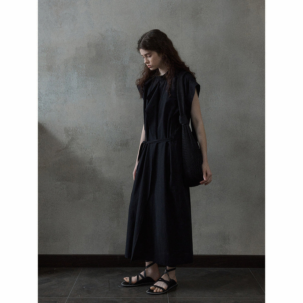 Combed cotton flakes flying sleeves dress spring and summer new lace-up simple temperament commuting