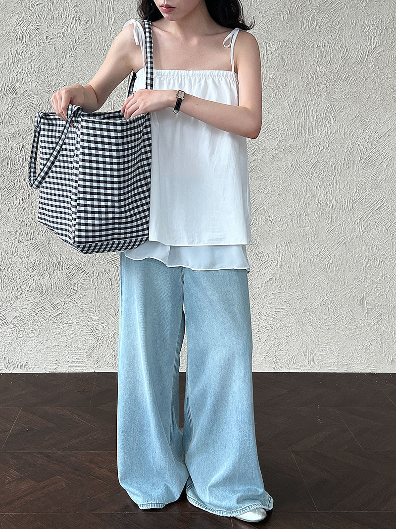 Design sense one-word shoulder vest sling women's summer new mesh splicing skirt two ways to wear
