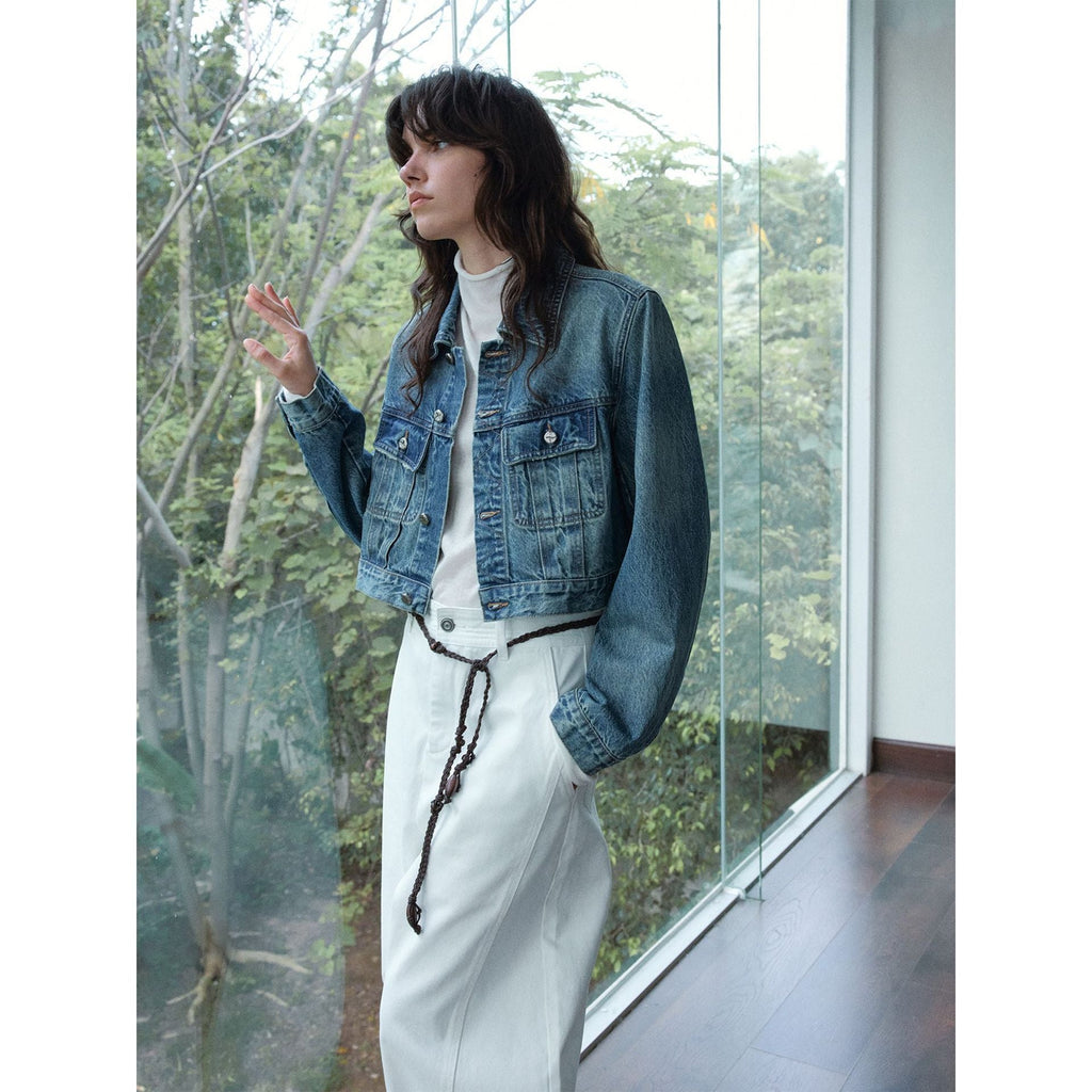 Autumn new retro nostalgia front shoulder truncated washed denim jacket