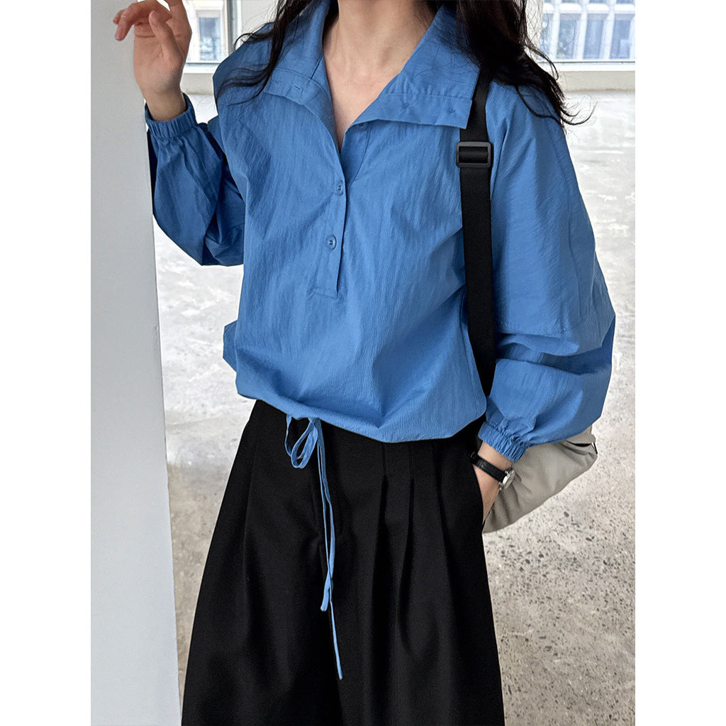 Early autumn new Korean casual pullover lapel shirt women's loose hem drawstring waist top