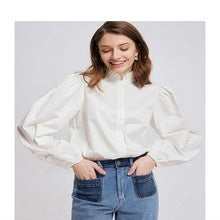 Silk white ruffle collar bubble sleeve shirt