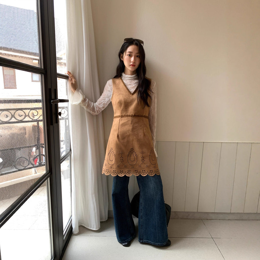 Hollow suede waist v-neck vest dress