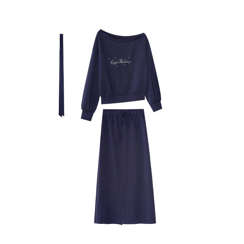 Casual Relaxed Temperament Two-piece Set Slant Neck Off-Shoulder Sweater Set