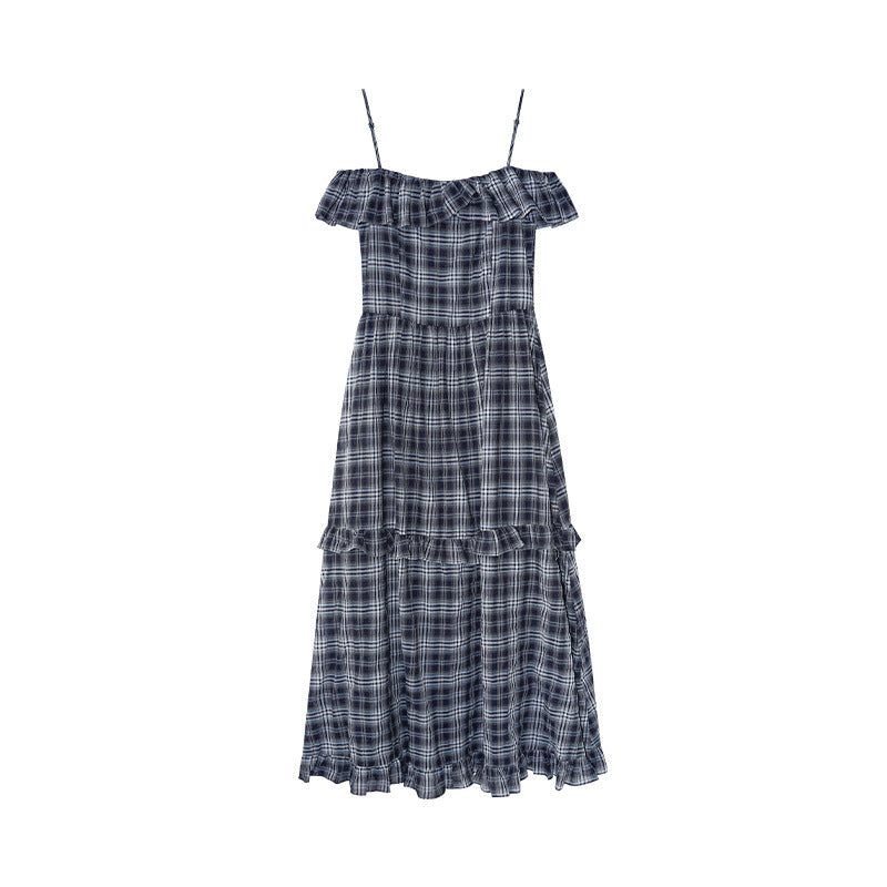 Plaid ruffle edge one-word shoulder suspender dress