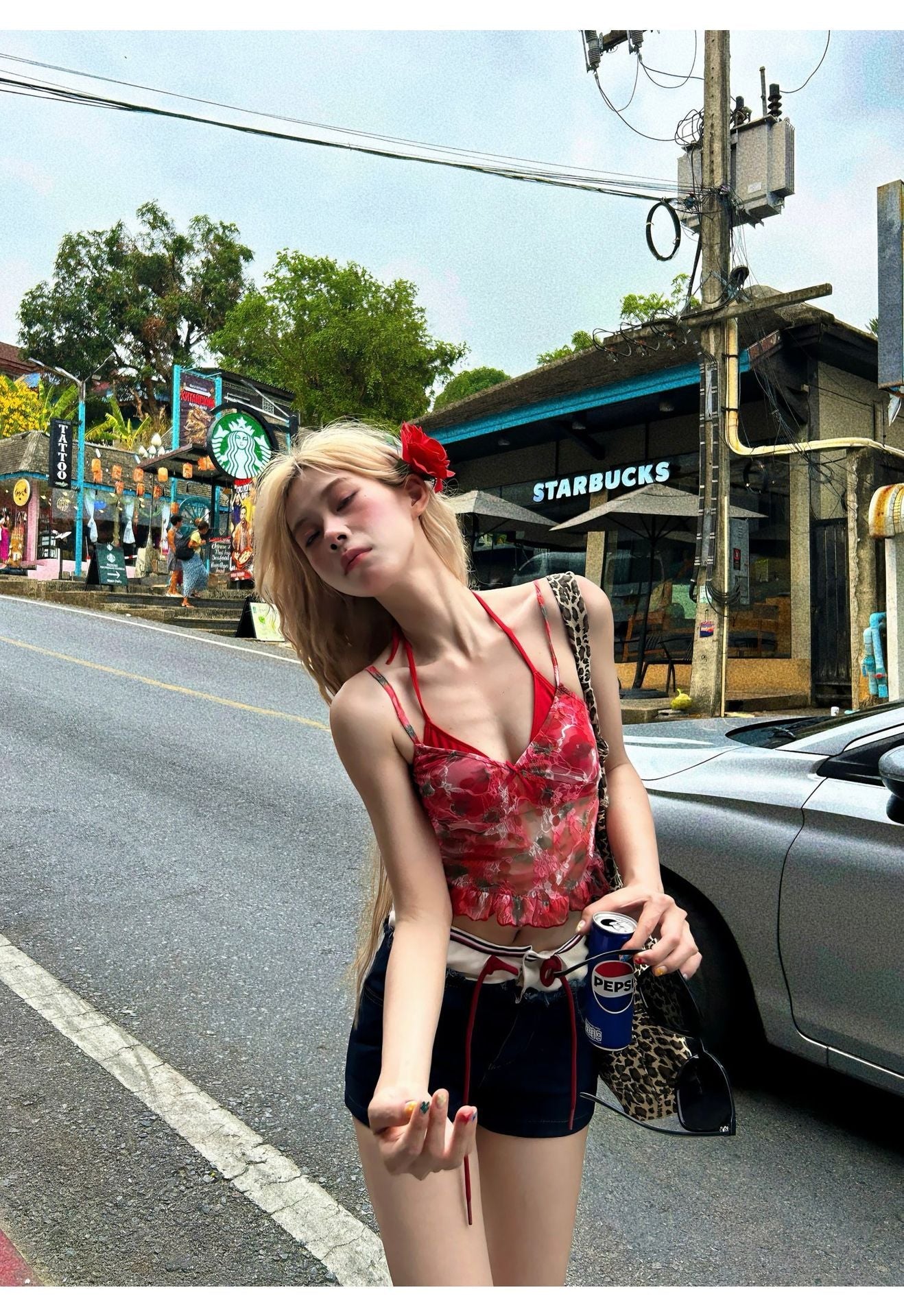 Red Floral Lace Mesh Cami Top
