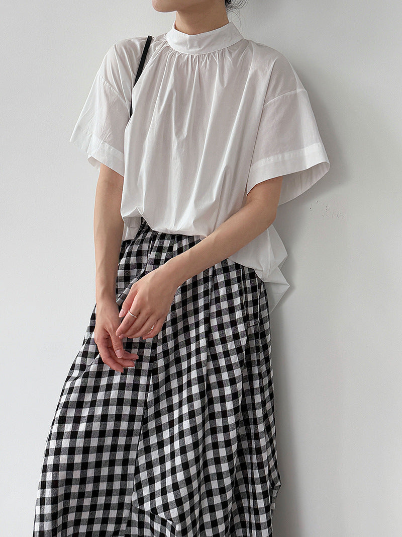 Korean-inspired, niche design blouse with a cutout back. new summer lightweight stand collar short-sleeve shirt for women